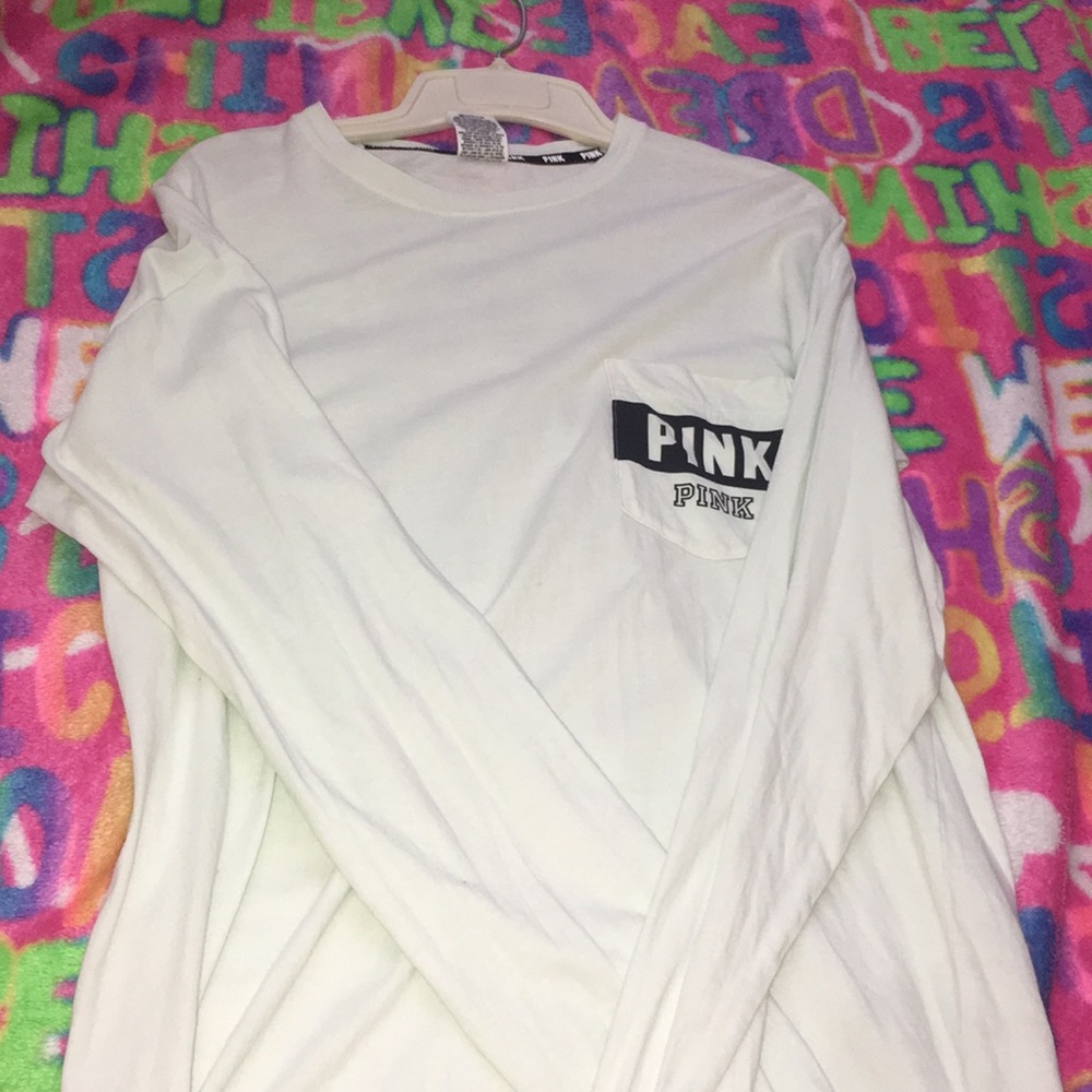 white/teal pink sweatshirt